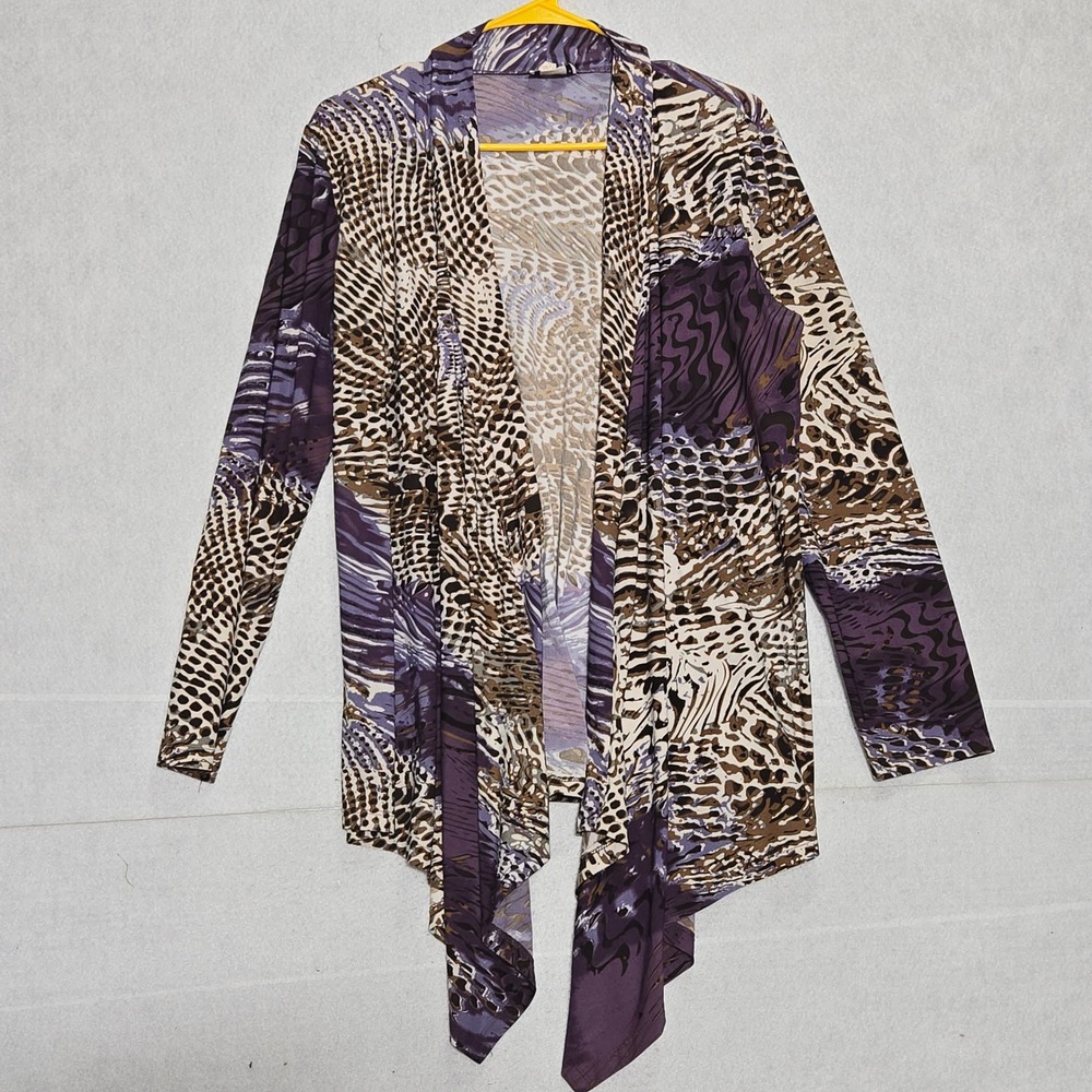 Caribe USA Womens Purple Animal‎ Print Open Front Draped Handkerchief Cardigan
